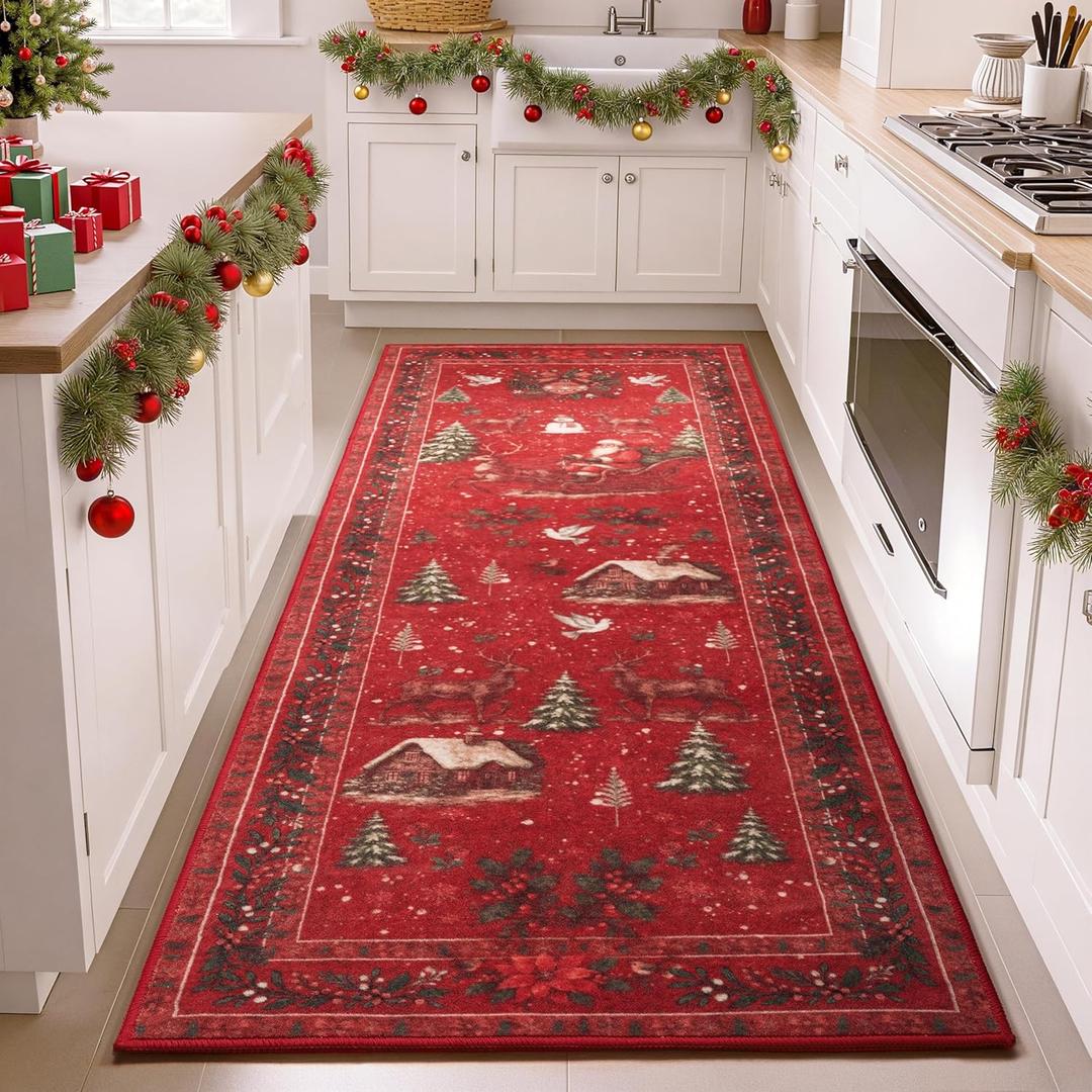 Joiedomi Christmas Hallway Runner Rug Washable 2'x8' Non Slip Kitchen Rug with Rubber Backing Soft Christmas Tree Santa Claus Floor Carpet Runners for Entryway Laundry Bedroom Bathroom Indoor (Red)