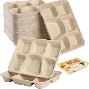 50 Pack 6 Compartment Disposable Plate, Heavy Duty Divided Paper Plates for Dinner, Microwavable Freezer Safe School Food Lunch Platter Tray for Party Dinner Buffet