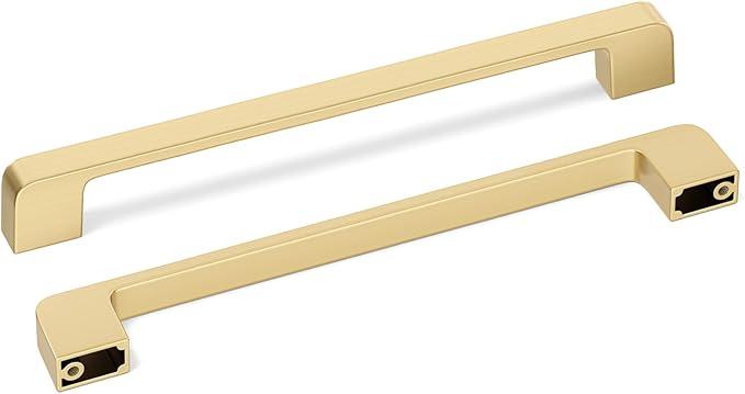 Haliwu 10 Pack Cabinet Handles Brushed Gold Cabinet Pulls 8 Inch Hole Center Drawer Pulls Modern Square Dresser Handles for Bathroom Kitchen Bedroom, Zinc Alloy