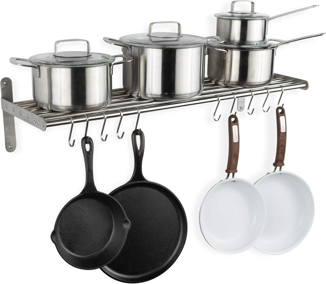 Wallniture Lyon Kitchen Organization and Storage Rack, Stainless Steel Metal Wall Shelf with 10 S Hooks for Hanging Pots and Pans, Chrome Wallniture Lyon Kitchen Organization and Storage Rack, Stainless Steel Metal Wall Shelf with 10 S Hooks for Hanging Pots and Pans, Chrome