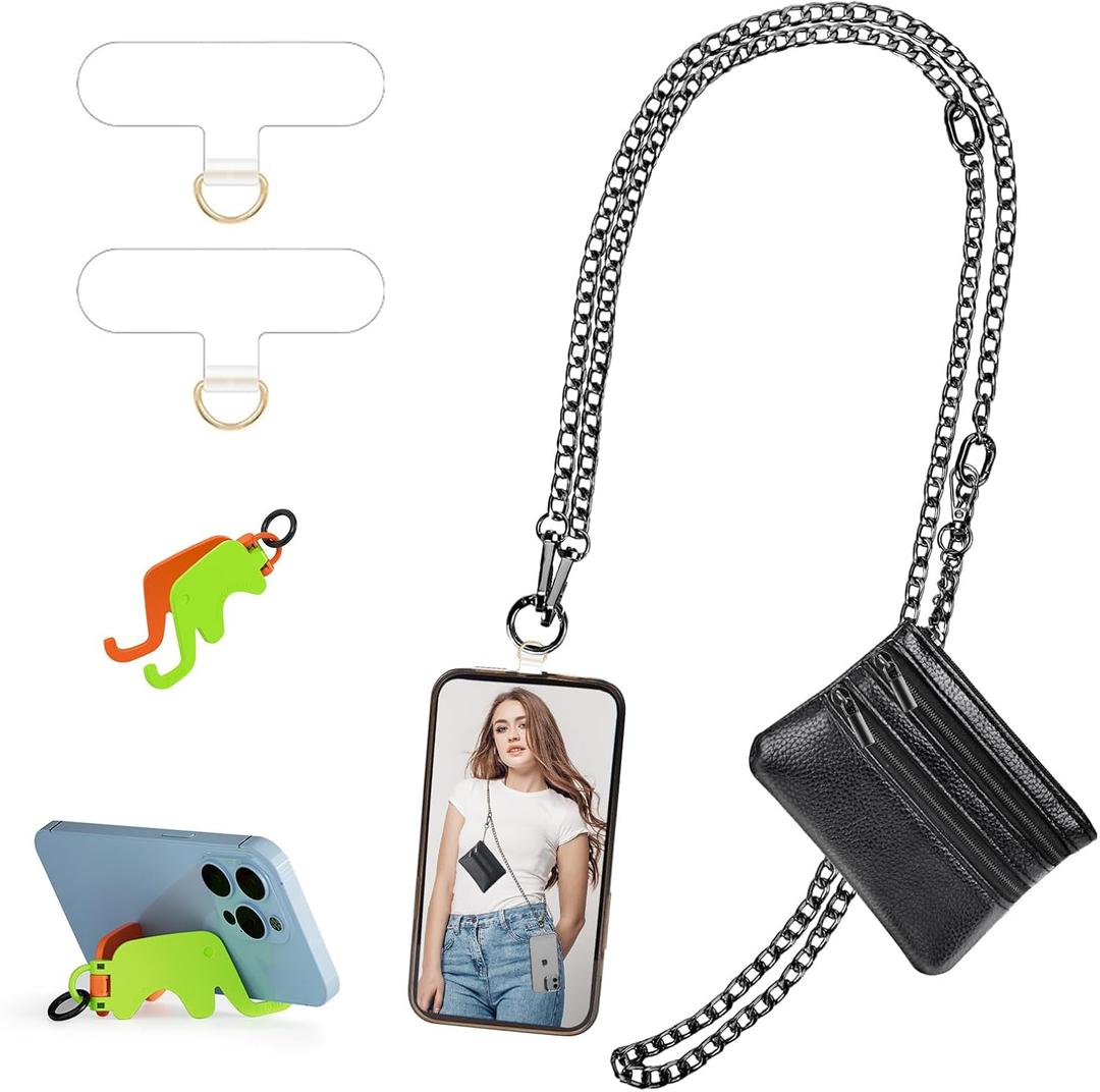 Clip and Go Strap for Phone Gun Metal Chain with Black Pouch Wallet Crossbody Phone Lanyard for Women with Cell Phone Stand Holder 2 Patches Tether Adjustable Anti Theft for iPhone 16 15 14 All Phones