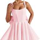Short Homecoming Dresses with Bow Satin Square Neck Spaghetti Straps Corset Prom Formal Cocktail Dress (2, Pink)
