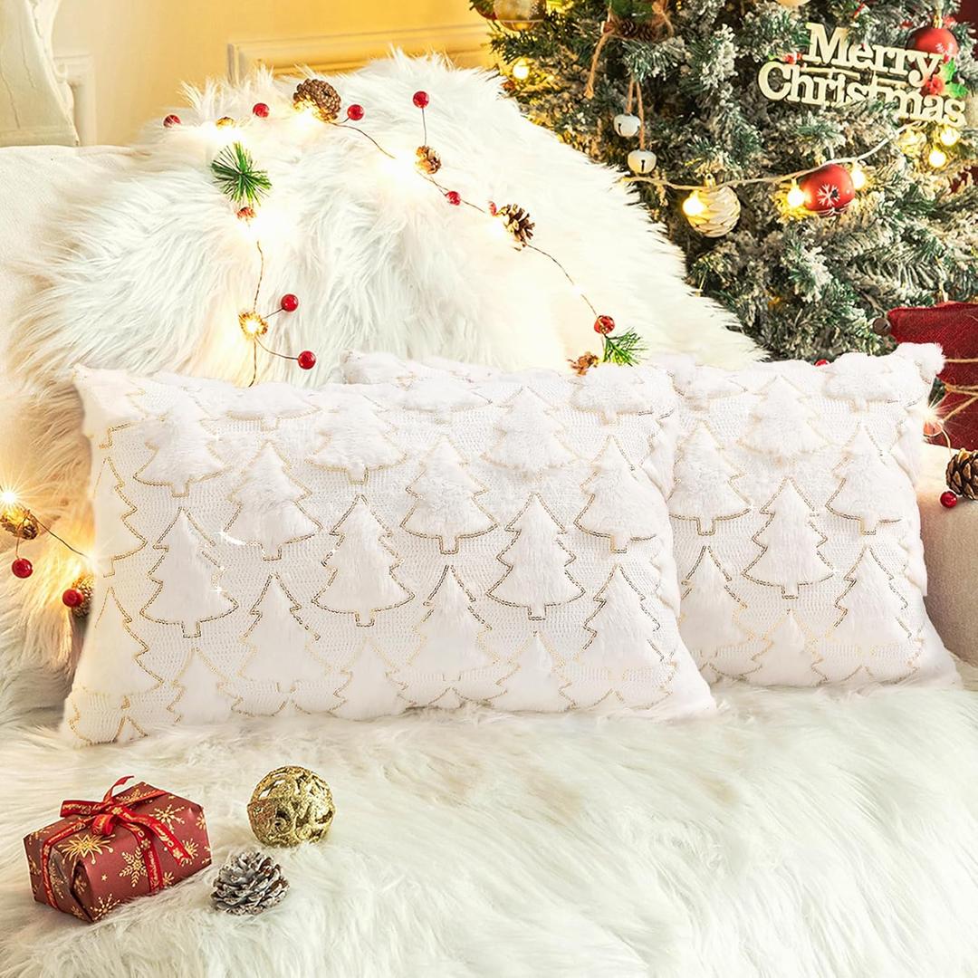 Christmas Throw Pillow Covers 12 x 20 Inch Set of 2, White Christmas Tree with Gold Sequins, Winter Holiday Faux Fur Pillowcases Decor for Home Couch Sofa