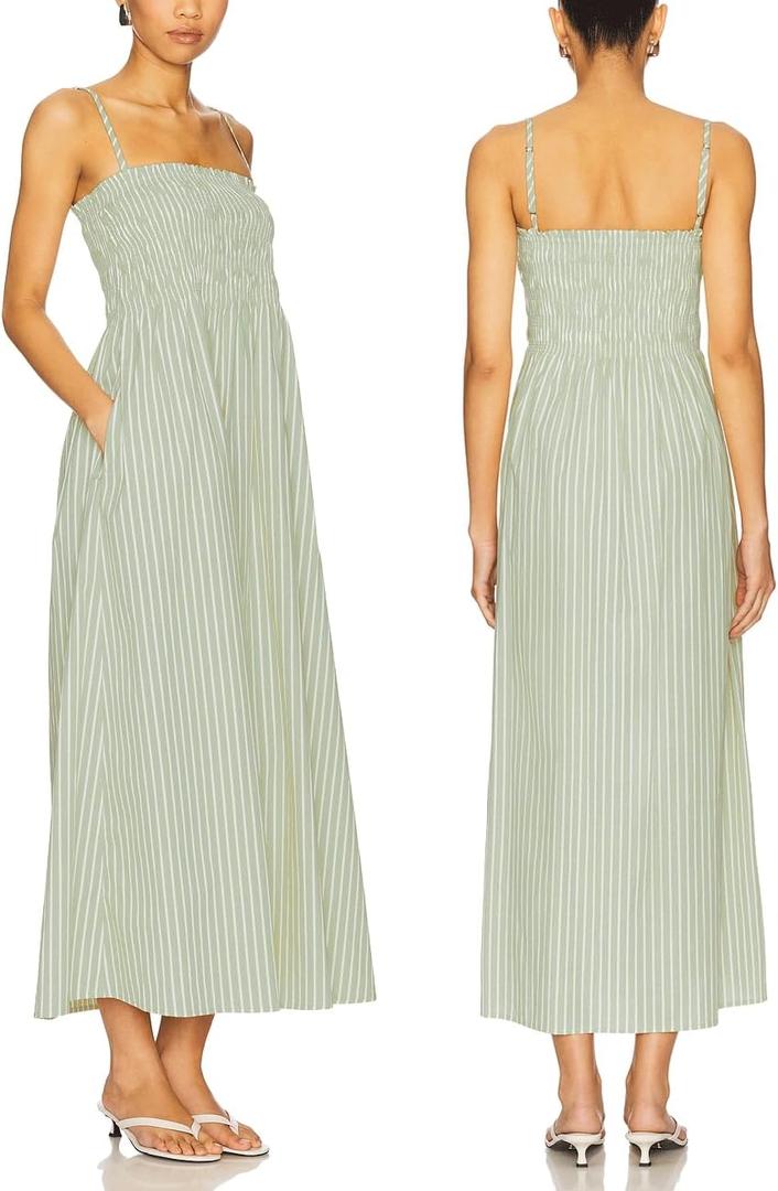 Women Spaghetti Strap Smocked Maxi Dresses Flowy Striped Summer Vacation Dress A-Line Beach Sundress with Pockets 15/L