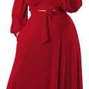 Plus Size Women's 2 Piece Red Outfits Casual Long Sleeve Wrap Crop Top Maxi Long Dress Flowy Matching Sets, Size Medium