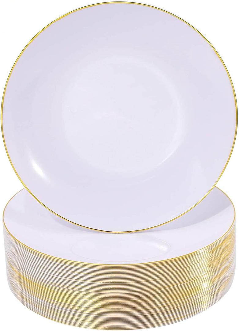 Nervure 100 Pieces Gold Plastic Plates - 10.25 inch Gold Dinner Plates - Heavyweight White and Gold Disposable Plates Ideal for Wedding & Party