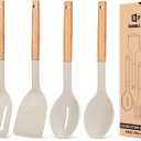 Pack of 4 Silicone Cooking Utensils Set, Non Stick Solid Spatulas and Heat Resistant Slotted Spoons with Wooden Handle, Ideal Wood Kitchen Utensils Set for Frying,Serving,Turning,Stirring (KHAKI)