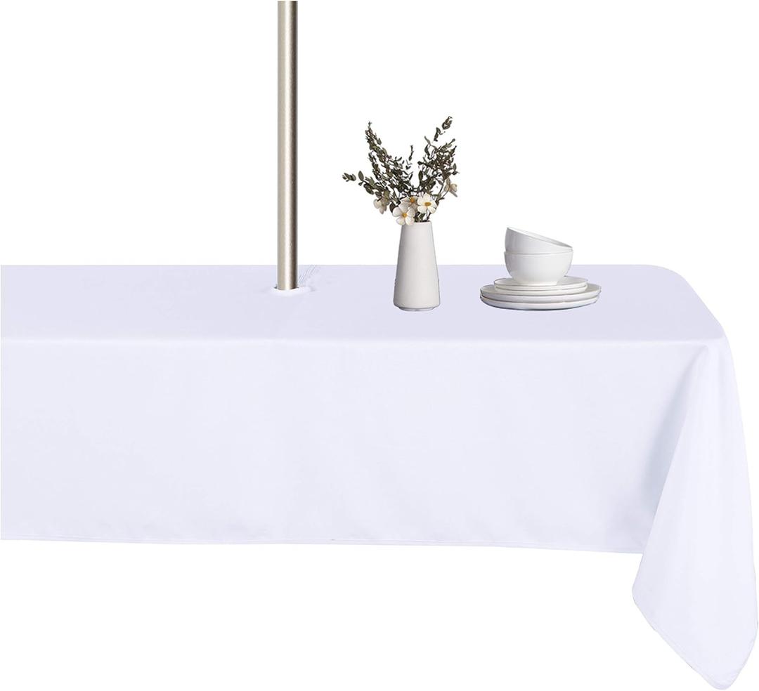 LUSHVIDA Rectangle Outdoor Tablecloth with Umbrella Hole and Zipper, 60x102 Inch White, Washable Waterproof Table Cloth Spill Proof Wrinkle Free Table Cover for Patio Spring Summer Picnic BBQS