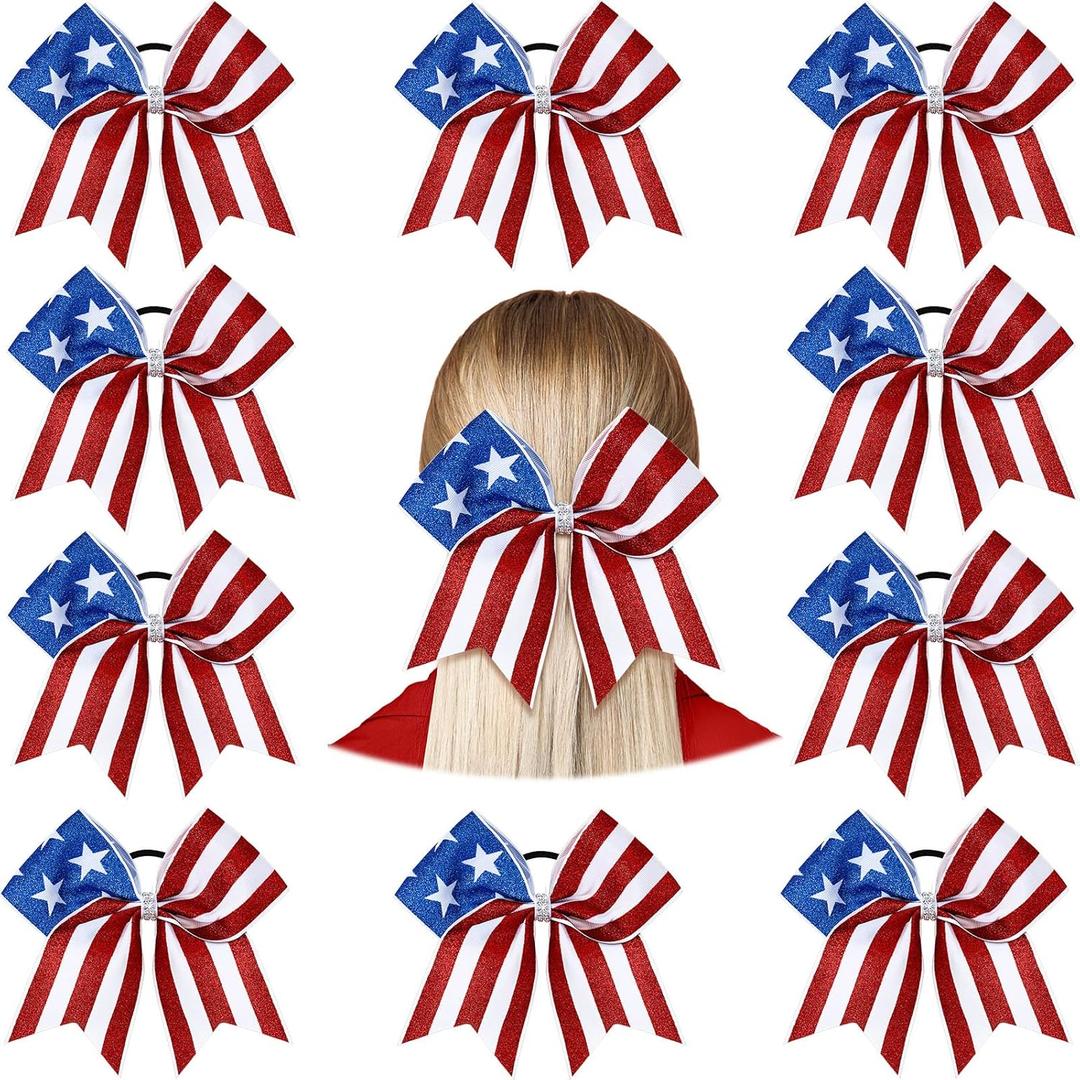 10 Pcs American Flag Glitter Cheer Hair Bows 8'' Patriotic Cheerleader Hair Bows Red White Blue Accessories with Elastic Ponytail Holder 4th of July Independence Day Accessory