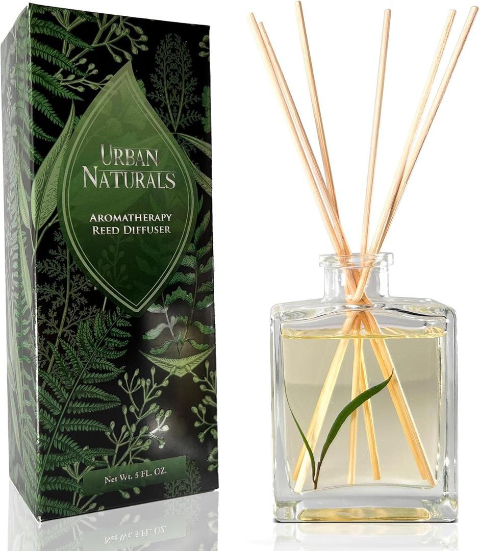 Urban Naturals Eucalyptus Sage Reed Diffuser Oil Gift Set Eucalyptus, Sage, Mint, Lime & Cedarwood Essential Oils Relaxing Scent Sleek Rectangular Refillable Glass Bottle Made in the USA