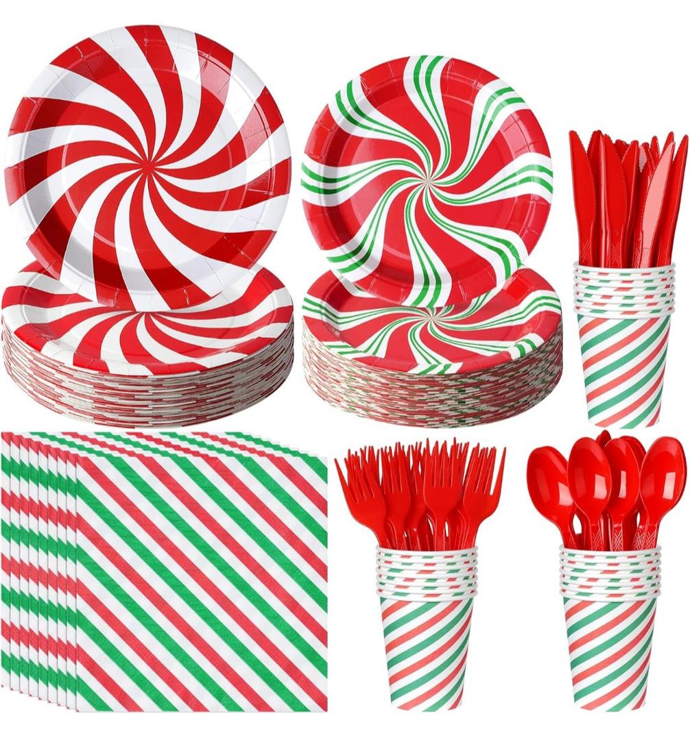 175 Pcs Christmas Candy Cane Party Plates Supplies,Christmas Disposable Tableware Peppermint Swirl Red Green Paper Plate and Napkins Cup Knives Spoon for Christmas Holiday Party Decorations,Serve 25
