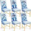 FuWeave Set of 6 Blue and White Chinoiserie Chair Covers, Easter Bunny Chair Back Covers Removable and Washable Cover for Room Dinning, Fits Most Standard Chairs