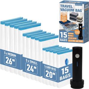 Travel Vacuum Storage Bags with Rechargeable USB Air Pump, Space Saver Vacuum Seal Bags for Luggage, Sealer Compression for Clothes, Comforters, Blankets, Bedding, 15 Combo