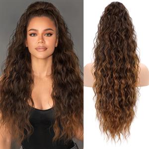 KooKaStyle Ponytail Extension 30 Inch Drawstring Pony Tails Hair Extensions for Women Long Curly Ponytail Synthetic Hairpieces for Daily Use（Omber Almand Brown）