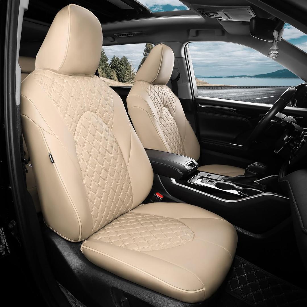1:1 Custom Fit Seat Covers for Toyota Highlander 2020-2025 7 Seaters,Luxury Waterproof Full Set Seat Cover,Faux Leather Cars Interior Covers Protection-BlackBeige