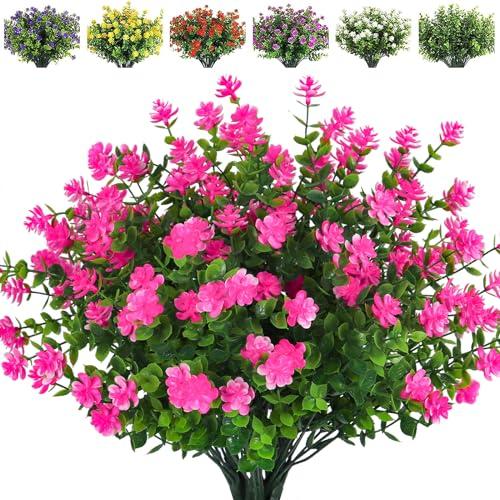 RECUTMS Artificial Flowers Outdoor Artificial Fake Flowers Fake Greenery Fake Plants Faux Outdoor Plastic Plants UV Resistant Shrubs Boxwood Plant Eucalyptus Hanging Basket Home Garden Decor (Pink), 8 Pieces