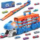 Dinosaur Transport Truck Toy for Kids - 3 in 1 Ejection Folding Track Toys w/Sound 8 Race Cars, Portable Vehicles Set Best Gift for Boys Girls 3 4 5 6 Years Old - Possesses Invention Patents