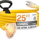 25 ft 10 Gauge Heavy Duty 3 Outlet Extension Cord Splitter with Indicator, Waterproof Outdoor Extension Cord with Multiple Outlets, 15A 1875W for Workshop, ETL Listed, Flexible Yellow SJTW