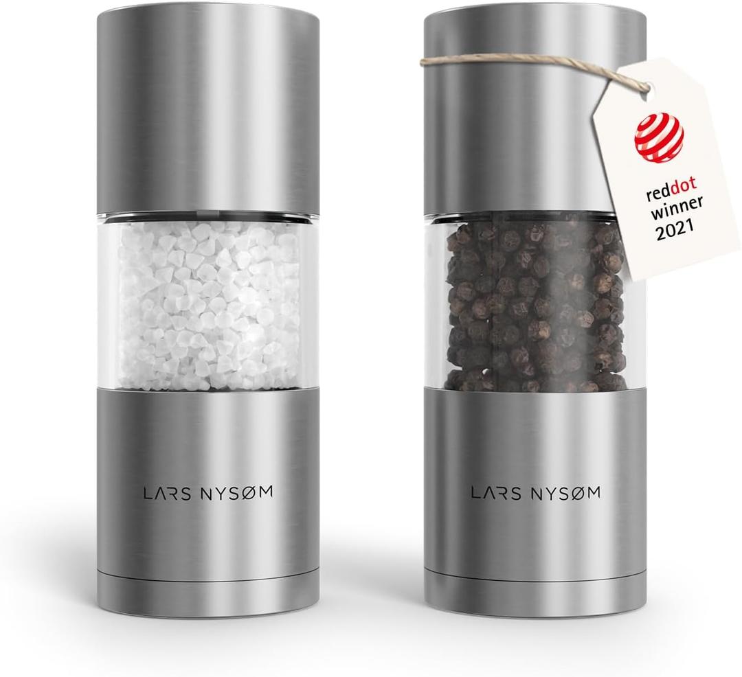 LARS NYSM Salt and Pepper Grinder Set, Manual Salt and Pepper Mills with Adjustable Ceramic Grinder, Design Spice Shaker Set (Stainless Steel)