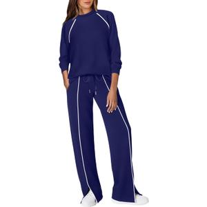 WIHOLL Lounge Sets for Women 2 Piece Fall Outfits 2025 Wide Leg Pant Matching Sets Womens Clothing (Large, Navy)
