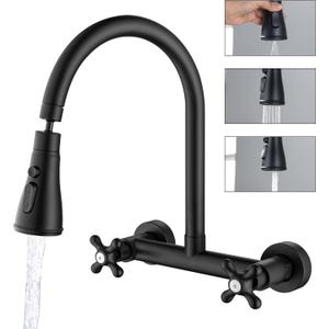 Wall Mount Kitchen Faucet, Matte Black Wall Mounted Faucet 8 Inch Center 360 Degree Swivel Spout Commercial Sink Faucet with 3 Function Sprayer
