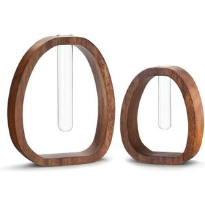Houmury Set of 2 Glass Test Tube Vase Walnut Wood 7.5 & 5.8 Modern Farmhouse Propagation Stations for Home Decoration, Table Centerpieces (Brown)
