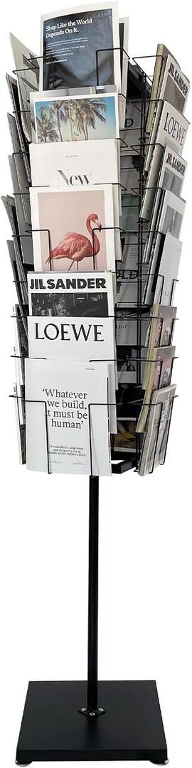 TONGMO 36-Pocket Rotating Magazine Rack Stand, Floor Spinner Display for Magazines, Comic Books, Brochures, A4 Organizer for Office, Bookstore, Home, Reception