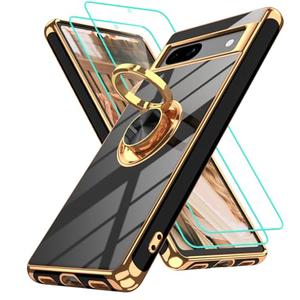 Gritup for Google Pixel 7A Case | 2Pcs Screen Protector | 360° Rotation Ring Holder Magnetic Kickstand | Plating Gold Edge Soft TPU Protective Basic Funda para Cover for Pixel 7A Phone Black