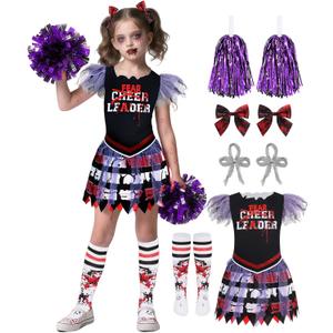 IBQ Kids Zombie Cheerleader Costume Girls Scary Halloween Costumes for Zombie Fearleader Costume (150 (11-12 Years), Purple)