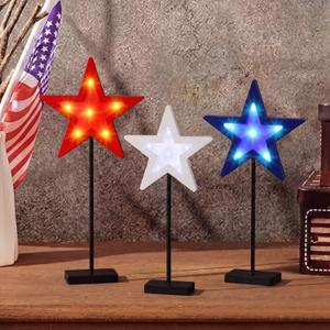Lineshading 3 Pcs 4th of July Table Decorations Standing Star Block Set Patriotic LED Centerpieces Red White Blue Wooden Star Signs for Home Tabletop Tiered Tray Party Decor(Solid Style)