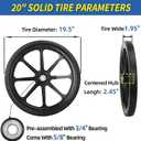 GICOOL 20" Flat Free Tire and Wheel, with 3/4" & 5/8" Bearing, 2.45" Centered Hub, Replacement Wheel For Rubbermaid Wheelbarrow, Garden Yard Cart, 2 Pcs