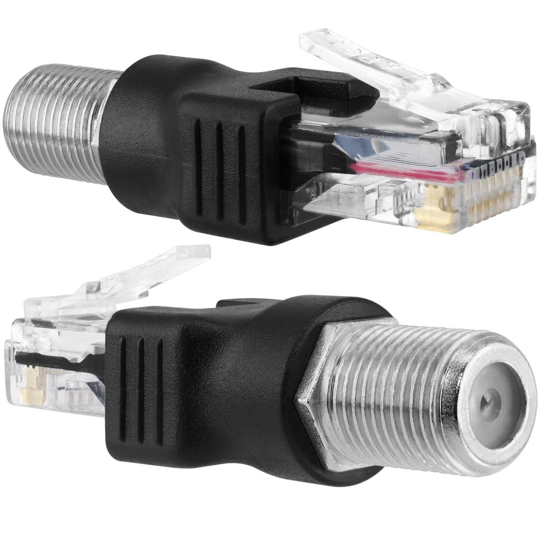RF to RJ45 Converter Adapter, 2 Pack F Female to RJ45 Male Ethernet Adapter Coaxial Coupler Coax Straight Connector (Black)