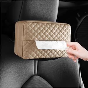 Car Tissue Holder, Car Standard Tissue Holder, PU Leather Backseat Tissue Box, Car Tissue Box Holder, Napkin Holder for Car, Fit for 120 Standard Tissues Cover- Beige
