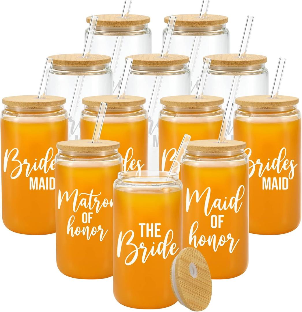 Brides Maid Gifts, Glass Cup With Bamboo Lid & Glass Straws, Pack Of 12