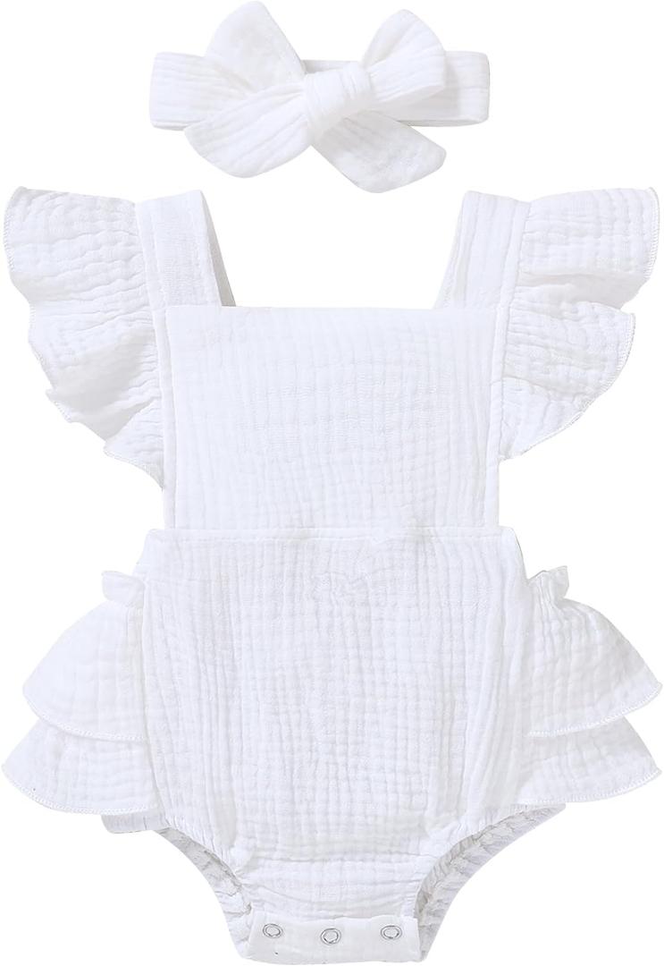 YOUNGER TREE Toddler Baby Girl Ruffled Sleeveless Romper Casual Summer Jumpsuit Cotton Linen Clothes (White) 3-6 months
