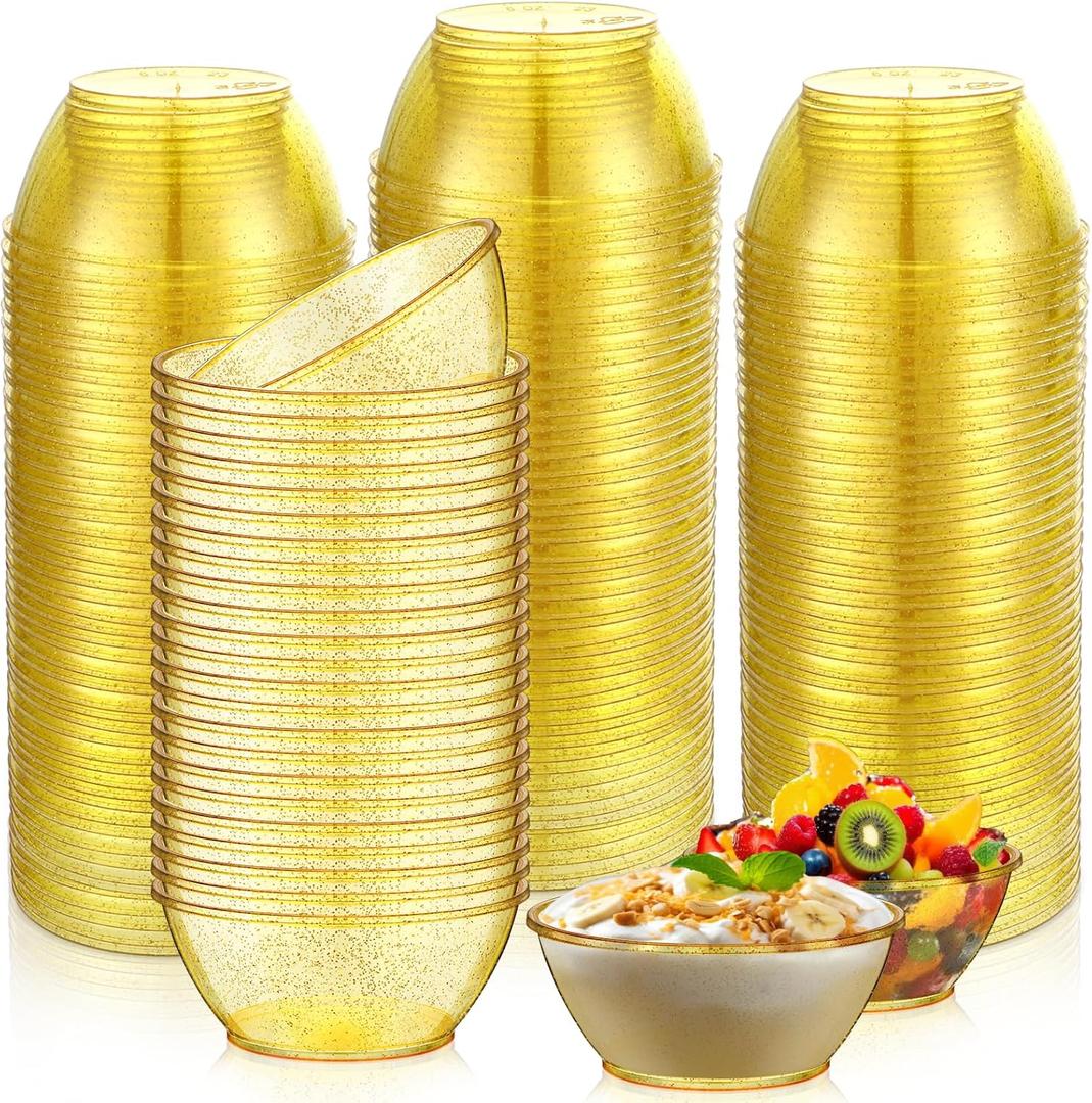 Yungyan 200 Pack Disposable Clear Plastic Bowls for Party 6oz Hard Plastic Salsa Dessert Ice Cream Candy Fruit Small Glitter Bowls for Christmas Wedding Baby Shower Birthday Party(Gold)