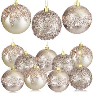 Syhood 12 Pieces Glitter Christmas Ball Ornaments Rhinestone Sequin Christmas Decorations Hanging Plastic Balls for Xmas Trees Wedding Party Holiday Decorations(3.15 Inch,Champagne Gold)