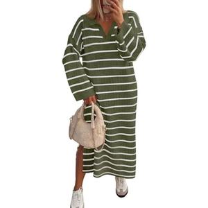MEROKEETY Women's 2024 Long Sleeve Striped Sweater Dress V Neck Collared Slit Casual Knit Maxi Dresses, Size Small
