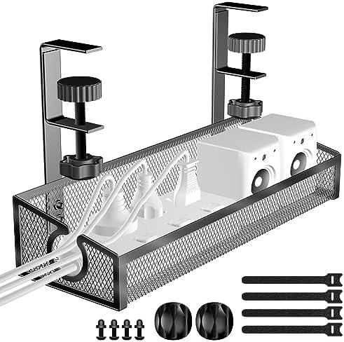 Under Desk Cable Management Tray Black, No Drill Desk Cable Wire Management Organizer with Clamp, PC Cord Organizer Accessories & Workspace for Office, Home