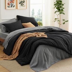 Bedsure Queen Comforter Set - 7 Pieces Black Queen Bedding Set for All Seasons, Boho Contrasting Design Bed in a Bag with Comforter, Sheets, Pillowcases & Shams