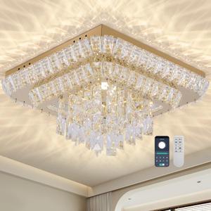 COCOSTAR Crystal Chandeliers, Modern Led Luxury Chandelier, 25" Suqare Flush Mount Chandelier Ceiling Light, Chandeliers for Dining Room, Living Room, Bedroom, Gold