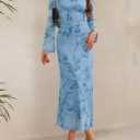 ZESICA Women's Long Sleeve Floral Bodycon Dress 2026 Spring Fall Ruched Mesh Wedding Guest Cocktail Party Maxi Dresses, Light Blue, S