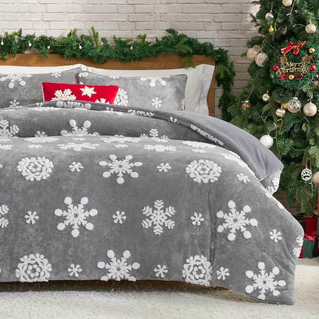Amlie Home Christmas Comforter Set Queen, Fluffy Fleece Bedding Set with Christmas Snowflake, Grey Plush Comforter for Winter, 3 Pieces, 1 Soft Comforter and 2 Pillow Shams (Queen (90"x90"))