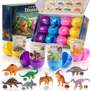 Easter Egg Fillers & Basket Stuffers - Prefilled Easter Eggs, 12 Pcs Dinosaur Toys & Real Gemstones, Scientific Gifts with Story Cards for Kids, Easter Toys Party Favor foe Egg Hunt