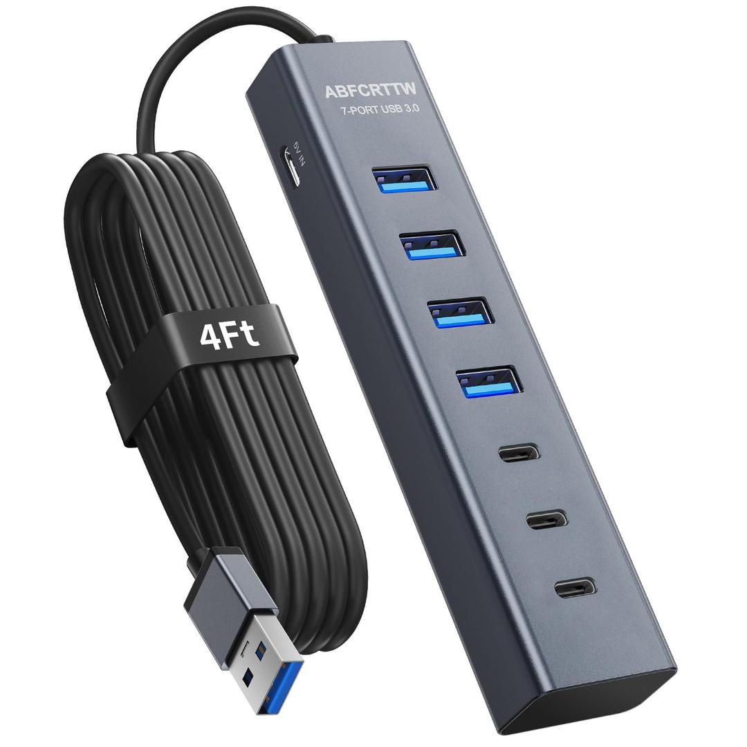 4Ft 7-Port USB Hub 3.0 for Desktop, 4 USB-A & 3 USB-C Ports Aluminium 5Gbps USB Extender Hub, USB Splitter, USB Hub Long Cable for Desktop, PC, Flash Drive, Mobile HDD SSD, Windows/XPS