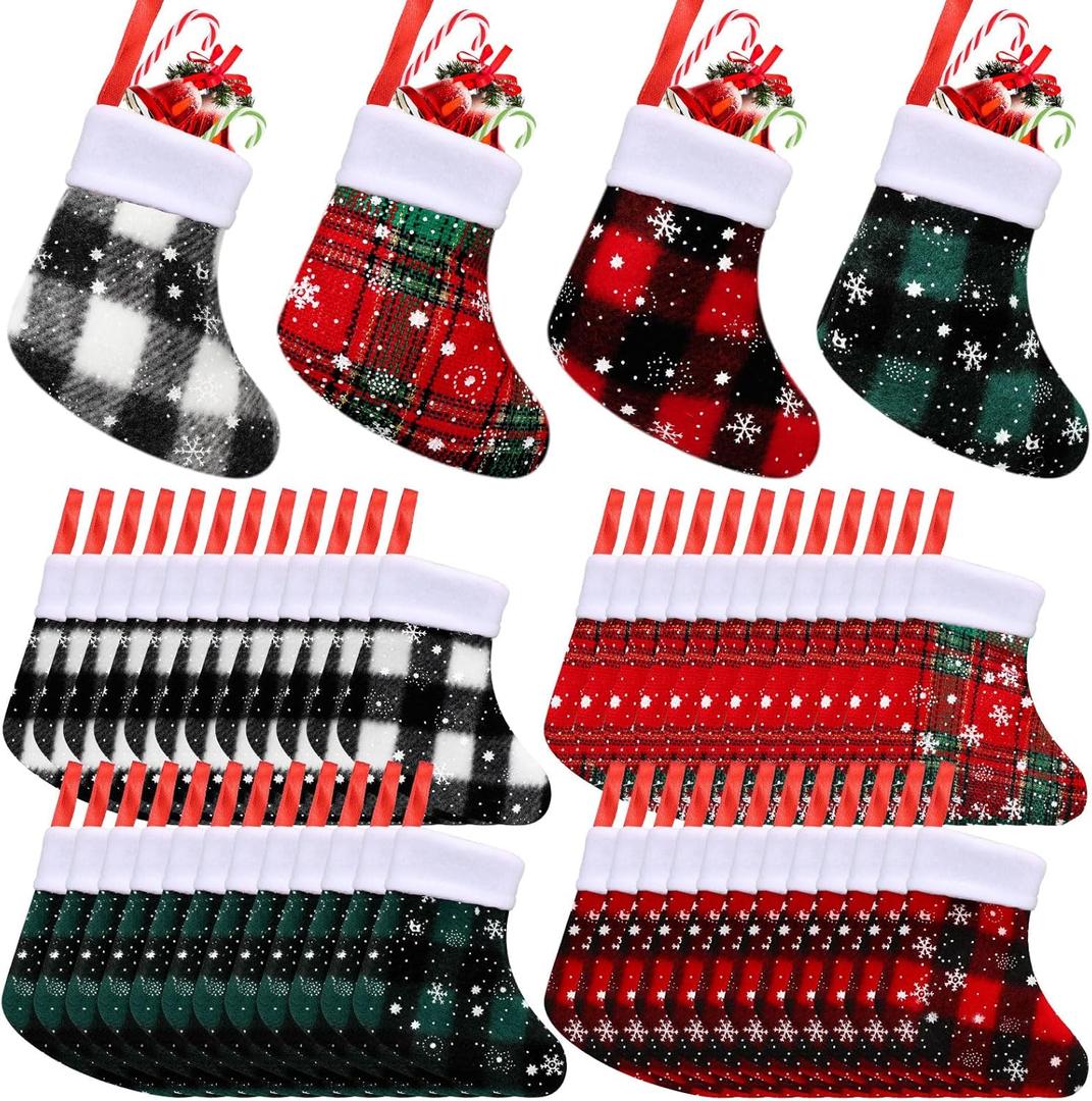 Seematn 48 Pcs Mini Christmas Stockings Buffalo Plaid Snowflake Stockings with Plush Cuff Christmas Socks Bulk for Christmas Tree Hanging Ornaments Xmas Table Dinnerware Decor