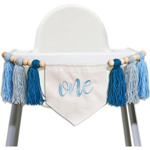 Blue One Tassel High Chair Banner - First Birthday Party Decoration Supplies Garland, Blue Ocean Waves Theme High Chair Tassel Banner, One Sign Birthday Party Backdrop Decoration