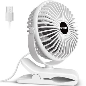 BESKAR Clip on Fan, 360° Rotation Quiet Stroller Fan with Strong Airflow,3 Speeds, Portable Small Fan with Sturdy Clamp,Perfect Personal Cooling Fan for Office Table Bedroom Kitchen, white