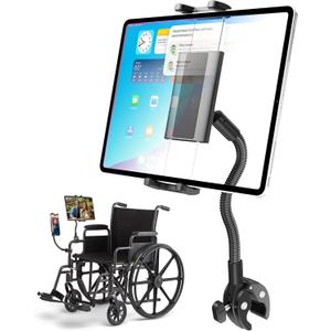 Charchendo Tablet Holder for Wheelchair Handle, Wheelchair Phone Tablet Mount with 9.45" Aluminum Arm 360 Rotation Adjustment Compatible with 4-13'' iPad Pro/Air/Mini, iPhones, Galaxy Z, E-Book