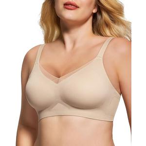 As Fairy Womens Bra No Underwire Seamless Wireless Bra with Soft Support V Neck Mesh Bras Lace Bralette Everyday Bra , Medium Nude 